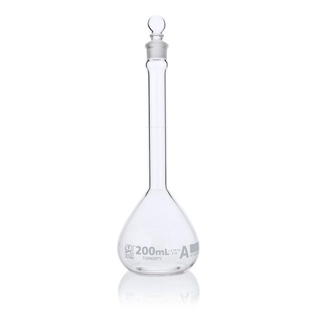 GLOBE SCIENTIFIC Flask, Volumetric , Globe Glass, 200mL, Class A, To Contain (TC), ASTM E288, 6/Box 8200200